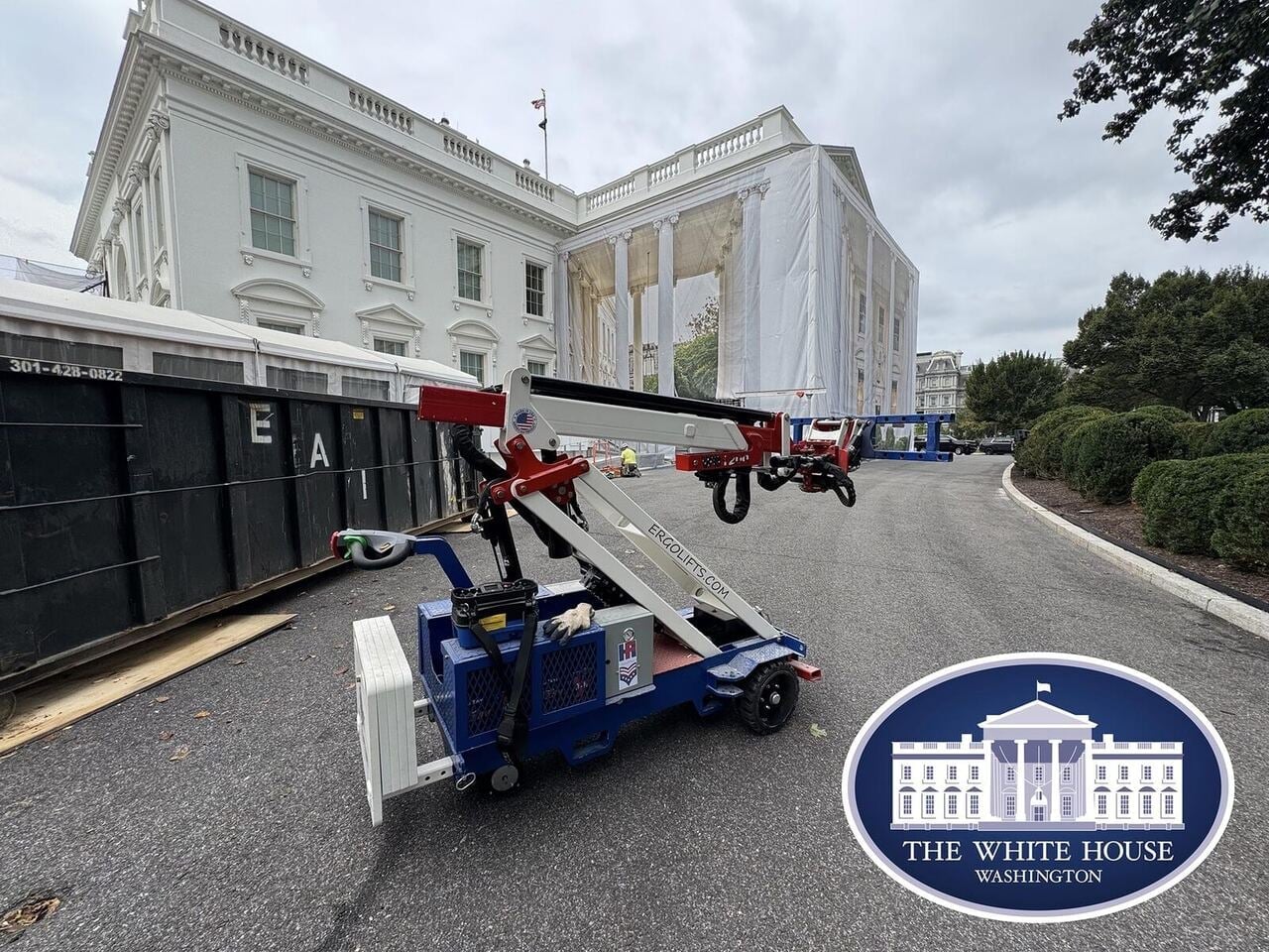 Custom red, white, and blue Ergo Lifting Technologies glass manipulator on-site at the White House North Portico