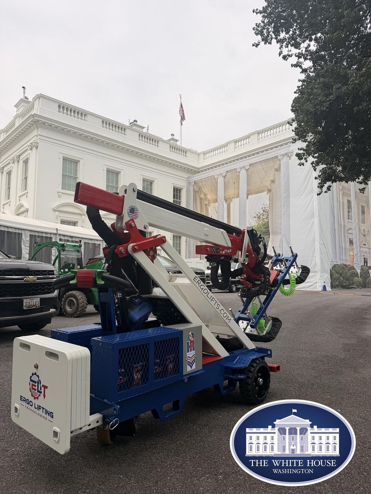 Close-up of the Ergo Lifting Technologies glass manipulator arm working at the White House North Portico